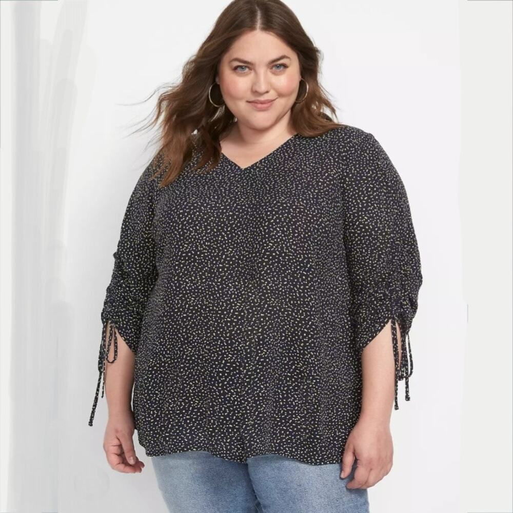 Lane Bryant Navy Yellow Dot Top Blouse 20 Career Classic Casual Relaxed Summer